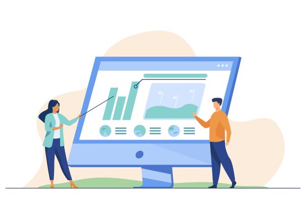 Professionals analyzing charts on computer monitor. Colleagues presenting diagram flat vector illustration. Business, marketing, analysis concept for banner, website design or landing web page